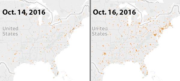 Dr. Abbott can use software to map where key phrases are being used on Twitter. This example maps the word “Ebola” in Oct. 2014 after a patient died of the disease at a Dallas, TX hospital and an infected nurse was transferred to the National Institutes of Health in Bethesda, MD for treatment. 